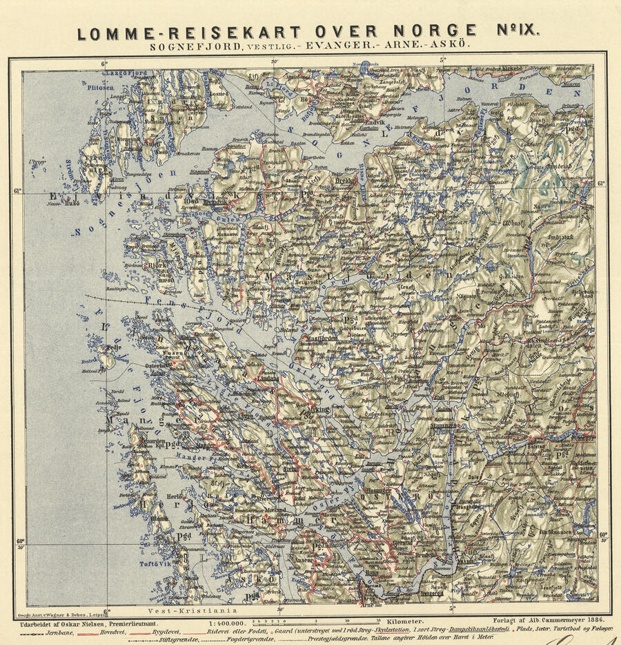 Reisekarter over Dele av Norge. Sognefjord, vestlig-Evanger-Arne, Askø. Cammermeyer 1886. Reisekarter over Dele av Norge. Sognefjord, vestlig-Evanger-Arne, Askø. Cammermeyer 1886.