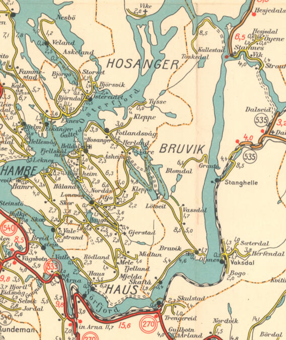 Søndre Bergenhus amt nr 30 nord: Vegkart over Hordaland fylke. Hordaland vegkontor 1938.